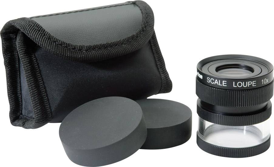 A magnifying glass with 10x magnification, two covers and a black carry case. Ideal for detailed observations.