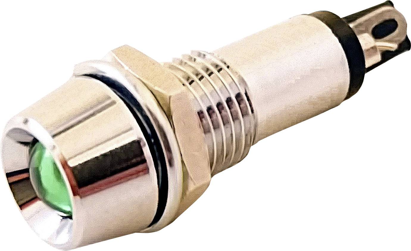 Circular green illuminated indicator with metal housing and thread for device installation, used for status indication or as a control light.