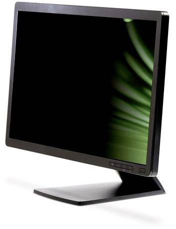 Black flat screen monitor on a stand, against a white background. The screen displays an abstract green graphic.