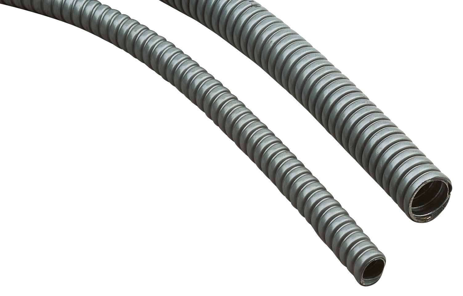 Two flexible corrugated pipes made of grey material, curved and arranged in parallel, suitable for cable protection or installations.