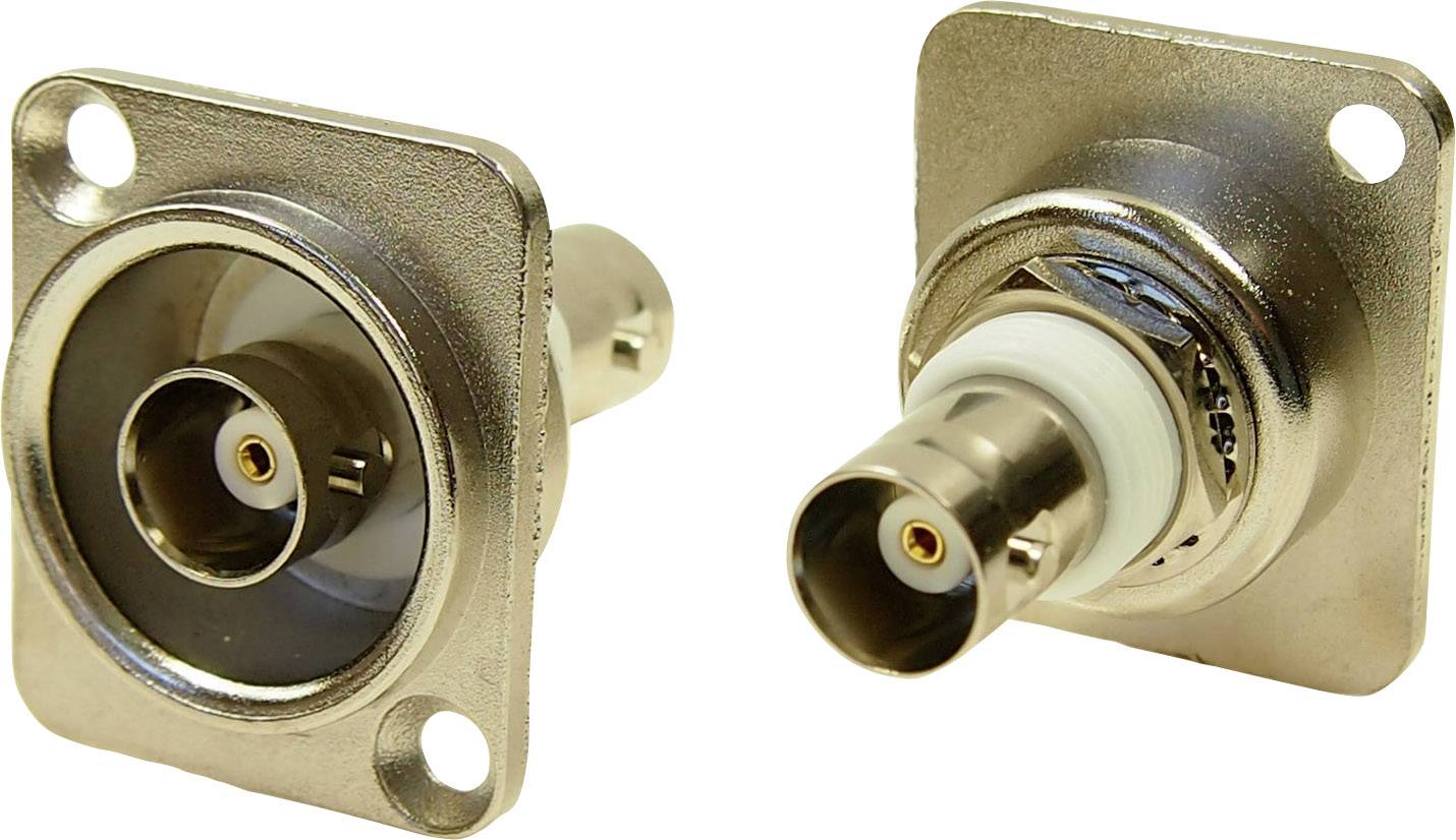 Two metal BNC socket connectors, one shown from the front and the other at an angled side view. They are used for cable connection.