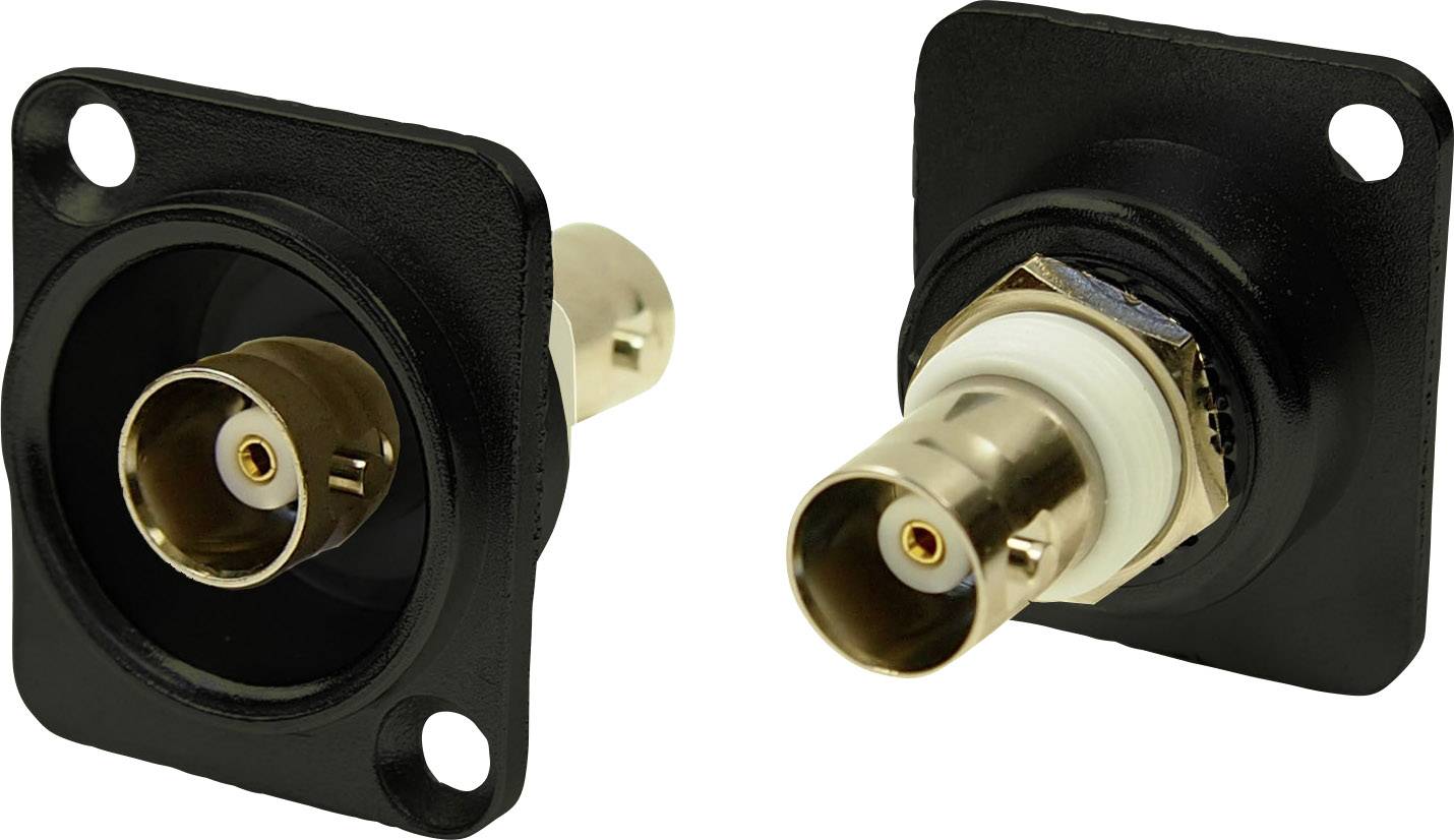 Two BNC socket connectors for wall mounting, with a black square flange, partially gold-plated, showing front and rear views.
