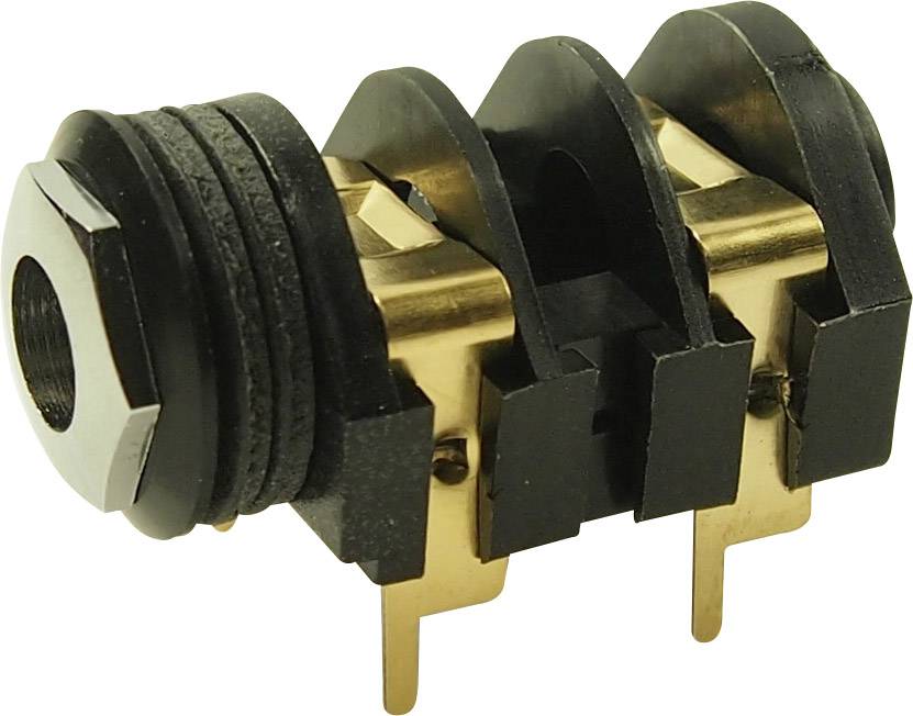 Gold-plated, two-pole jack plug with black plastic housing, suitable for mounting on electronic circuit boards.