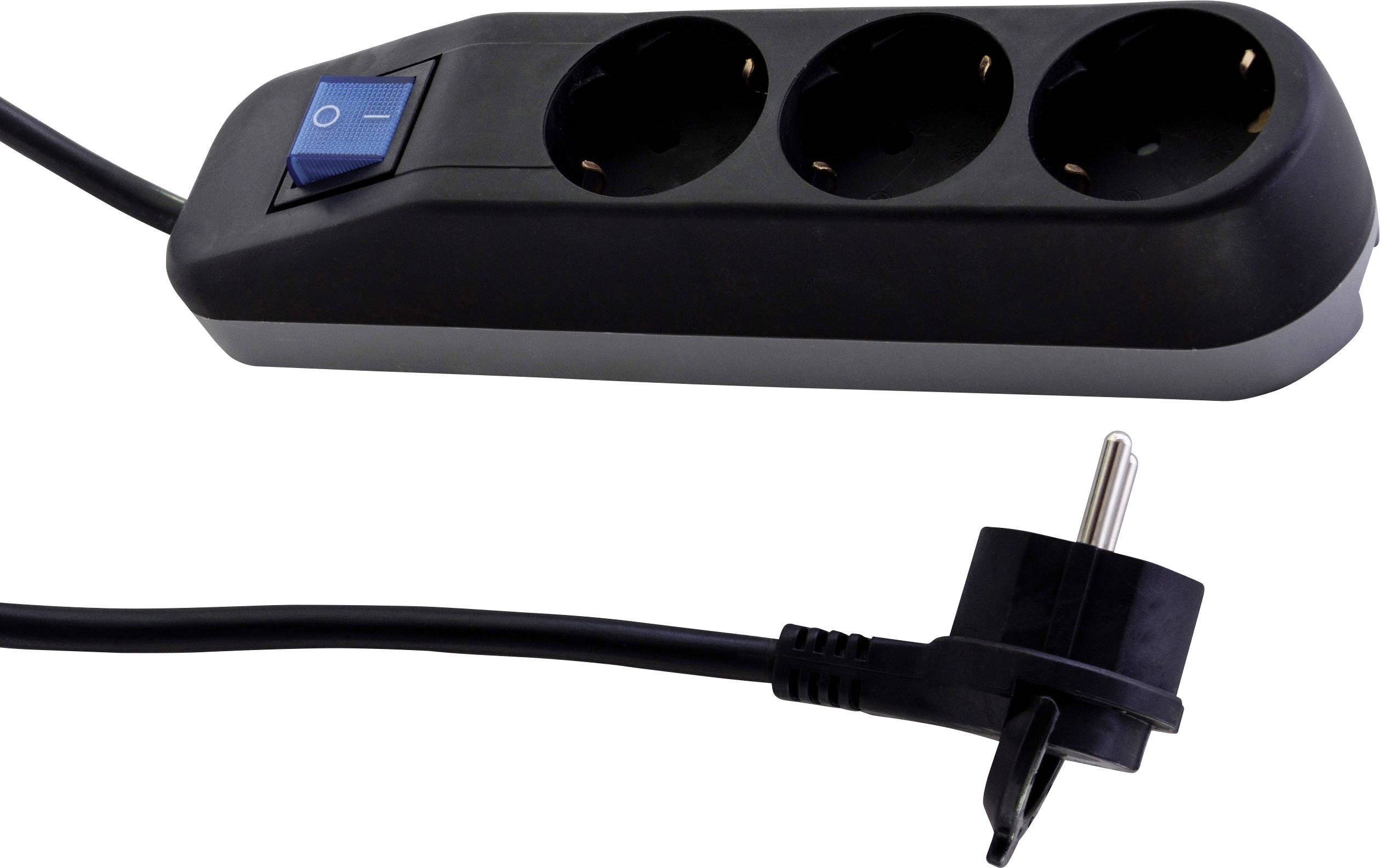 Black multi-socket extension with three plug sockets and a blue on/off switch, connected to a power cable and plug.