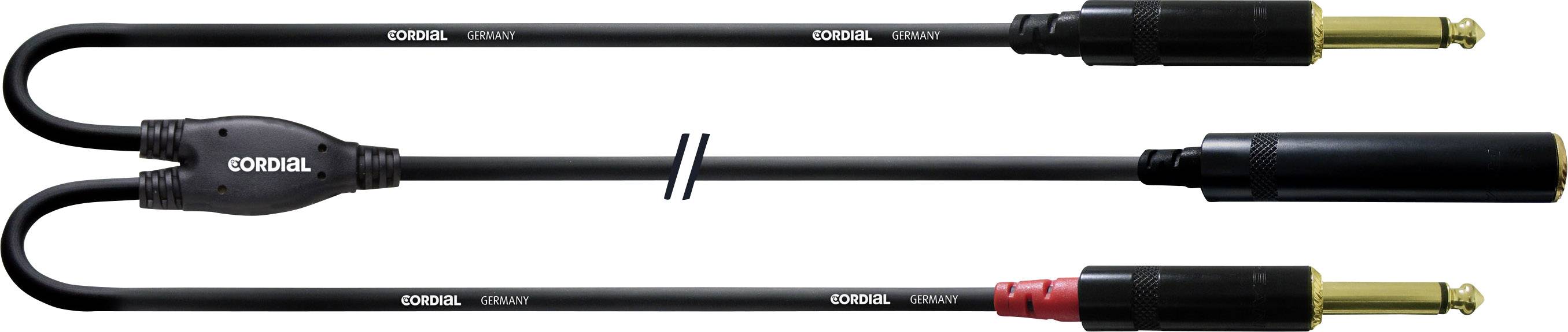 'CORDIAL' audio cable with two 6.3 mm jack plugs and one 6.3 mm jack socket, suitable for audio connections.