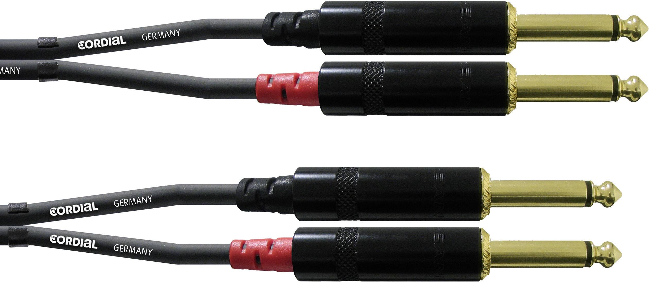 Two black audio cables with gold-plated jack plugs and 'Cordial Germany' markings, for instrument connection.