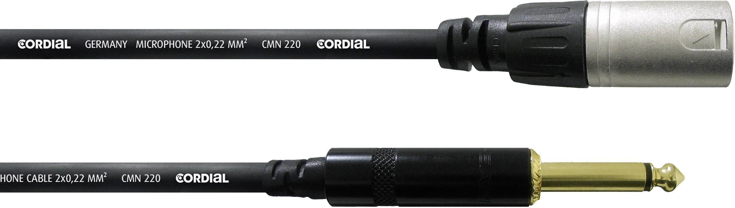 Microphone cable with XLR connection at the top and jack plug at the bottom, brand Cordial, model description: 'CMM 220'.