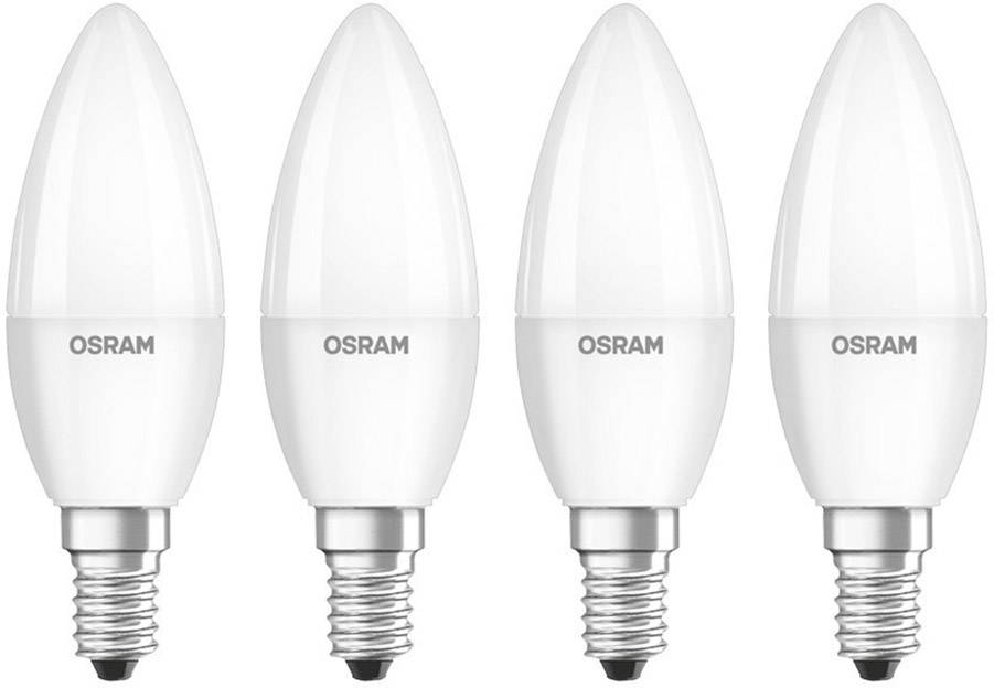Four LED light bulbs by OSRAM in a row. The bulbs have an E14 fitting and are designed in a candle shape.