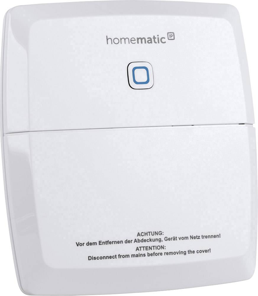 White Homematic IP housing with a blue button in the centre and warning notice: 'Disconnect device from mains before removing cover'.