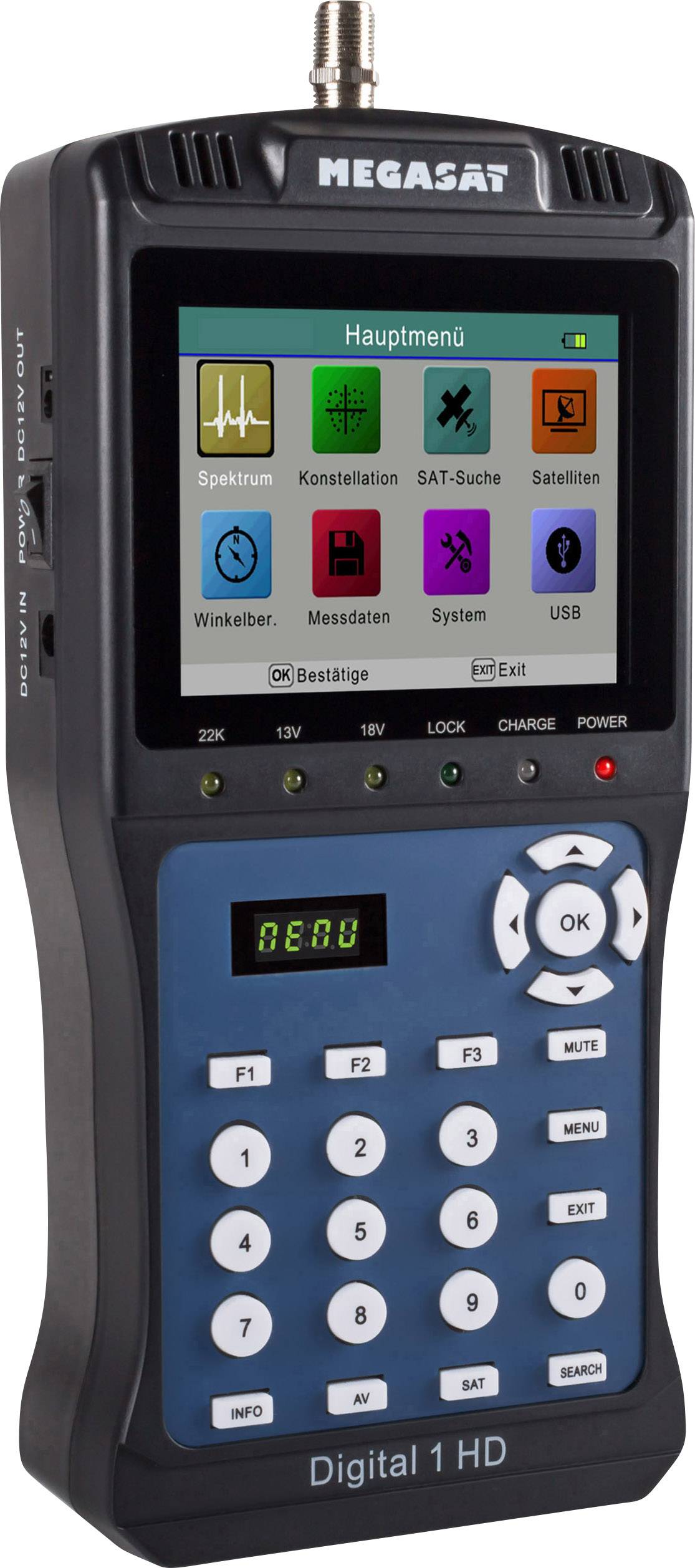 Digital satellite and measuring device receiver with screen and buttons. Main menu shows various options: Spectrum, Constellation, SAT Search.