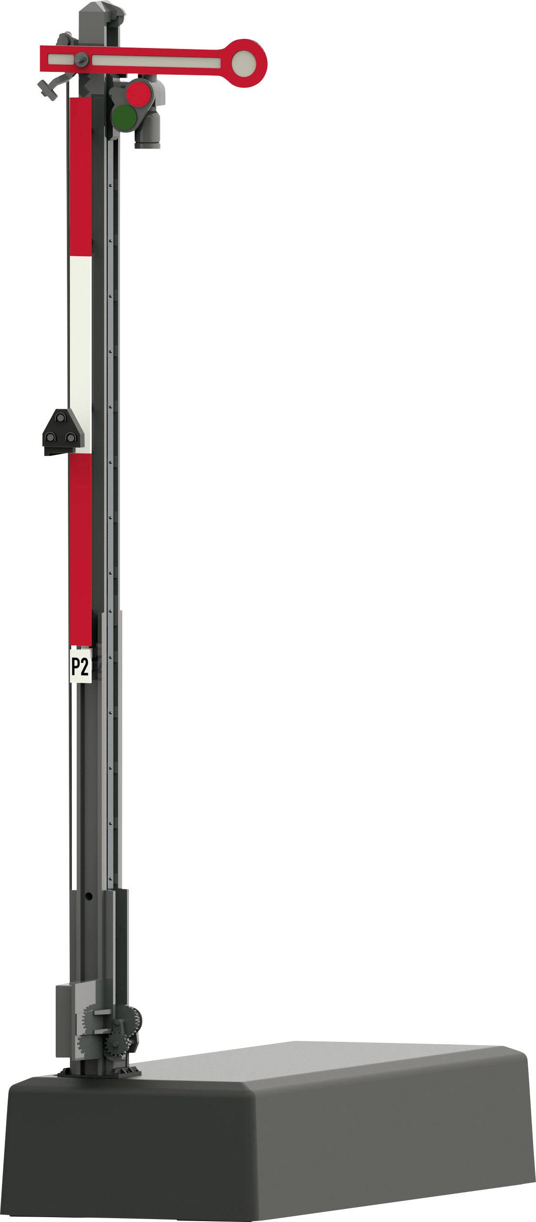 A red and black mechanical signal with a long vertical mast and rectangular metal base, a typical railway signal.