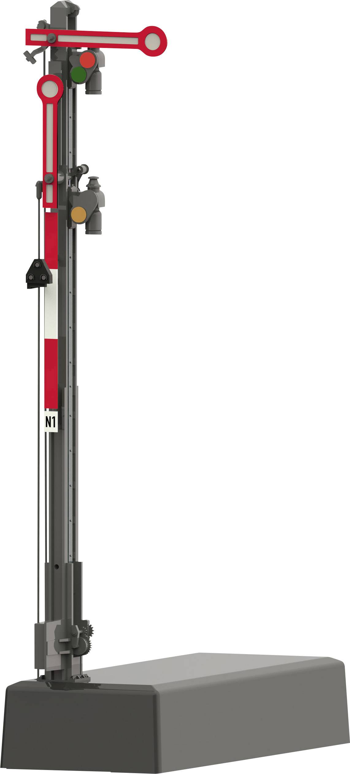 A railway signal with red and green lights indicates the state of the track section. A red signal arm is positioned at the top for Stop.