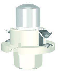 A white plastic component with a cylindrical upper section and side clips used for securing parts.