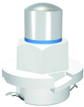 A white cylindrical ventilation shaft with a metallic shiny hood and a blue marking in the centre.