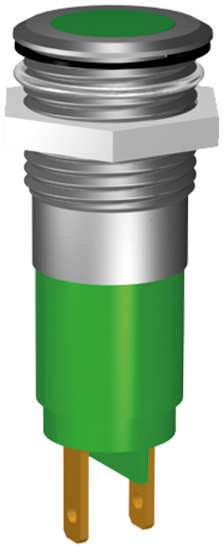 Green LED indicator light with metal base and two golden connection pins, suitable for panel mounting in electrical devices.
