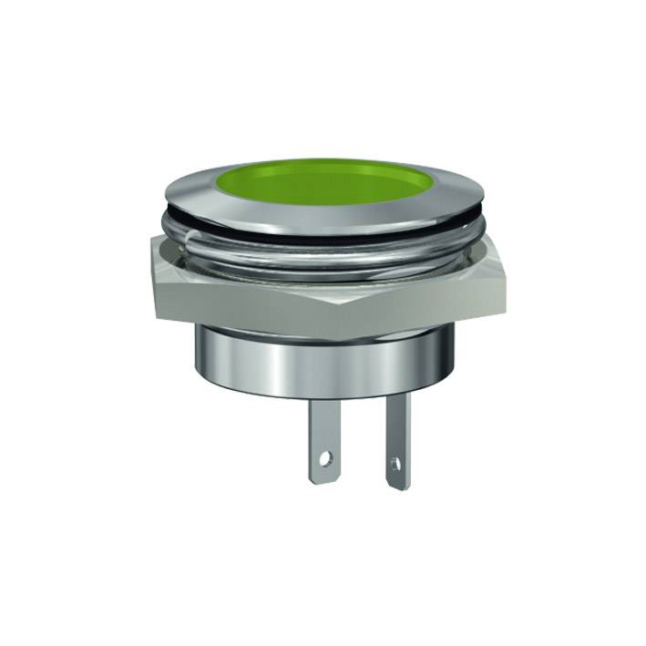 A round metal switch with a green illuminated ring and two metal contacts. Suitable for electronic devices.