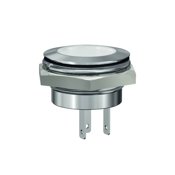 A silver metal button with two terminals. The button has a smooth, flat surface and is designed for installation in devices.