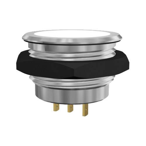 A round, silver metal button with a black plastic cover and three gold-coloured connectors at the bottom end.