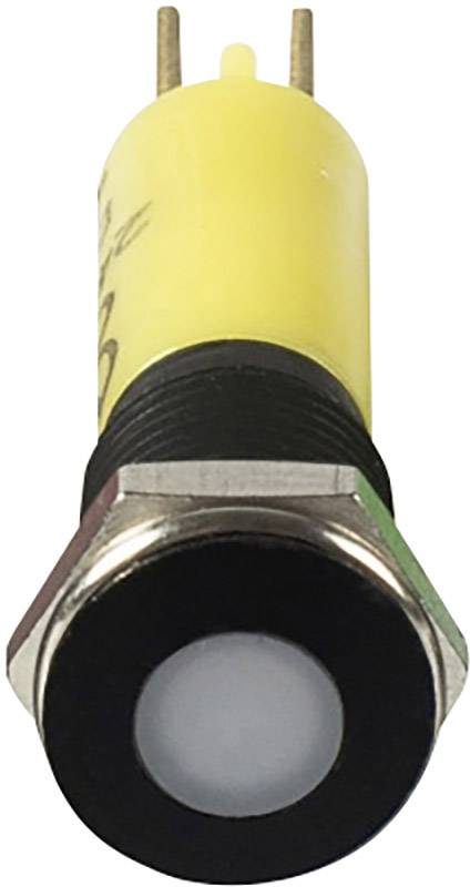 Yellow push button with a black border and metal casing, pictured from the front, with two connecting pins at the top.