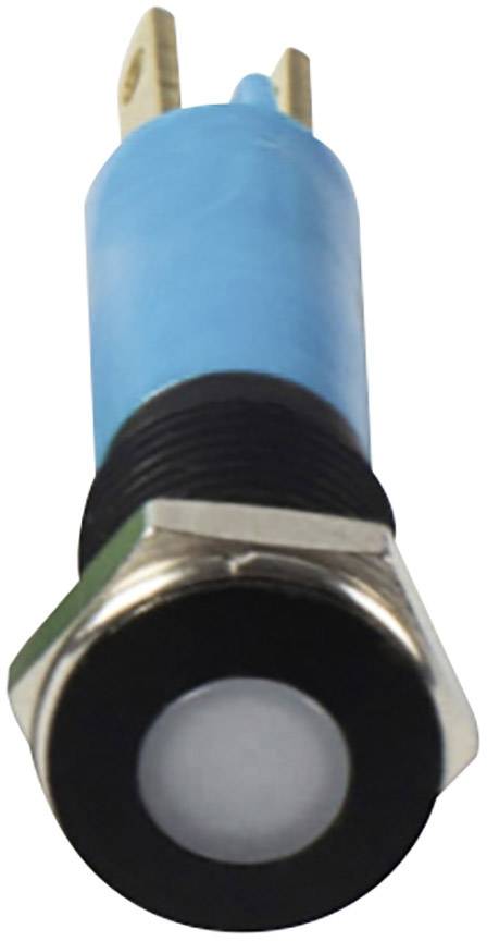 A blue LED switch with black threading and a silver rim, suitable for indicating or controlling functions in electrical circuits.