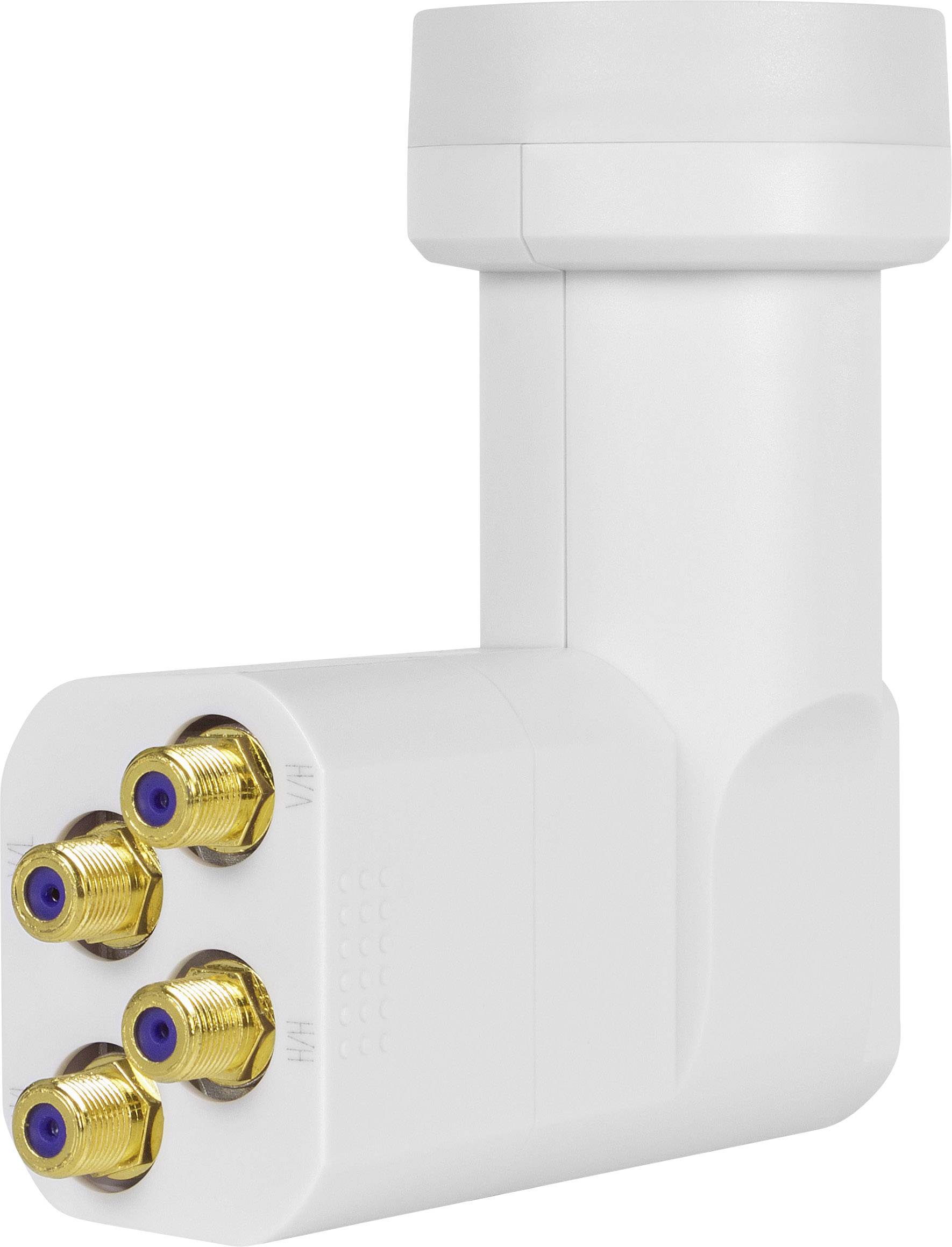 White LNB with four gold-plated coaxial connections for satellite aerials, suitable for multiple reception.