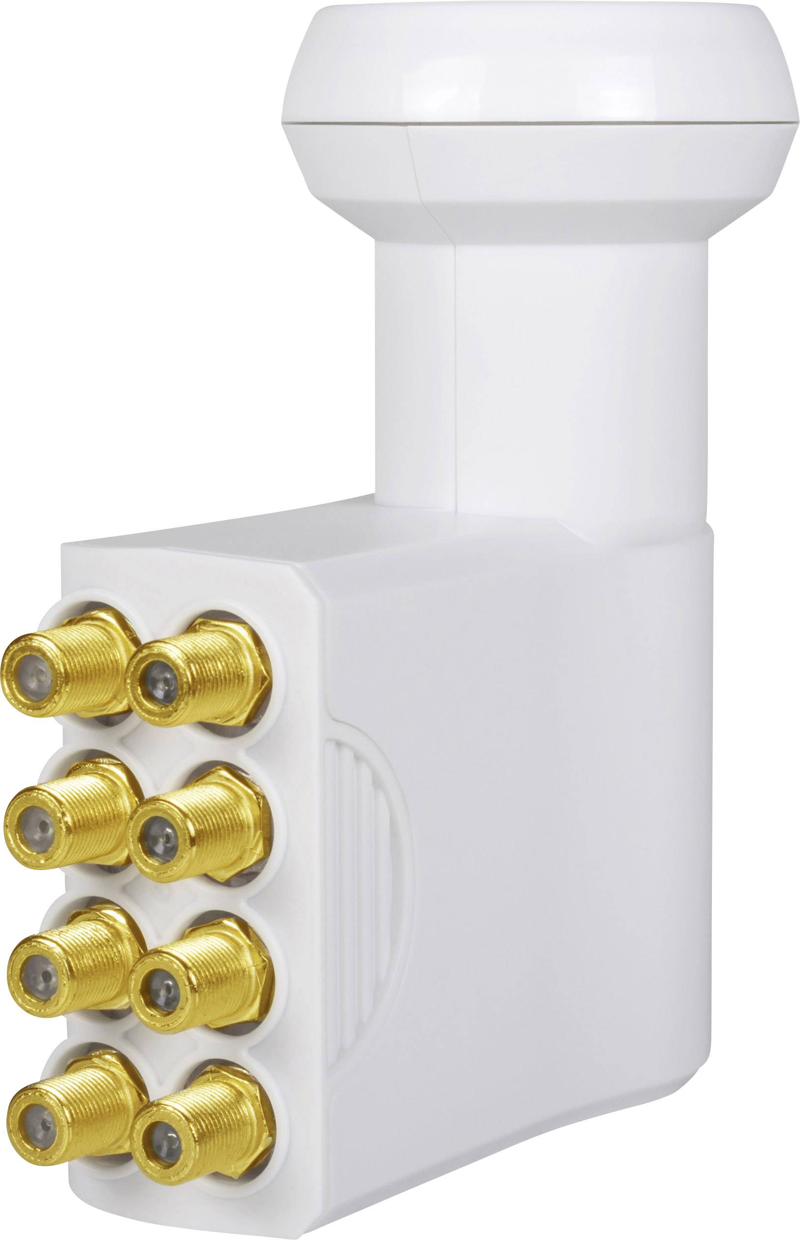 Weißes LNB mit acht goldfarbenen F-Anschlüssen, zur Satellitenempfangsanlage gehörend.