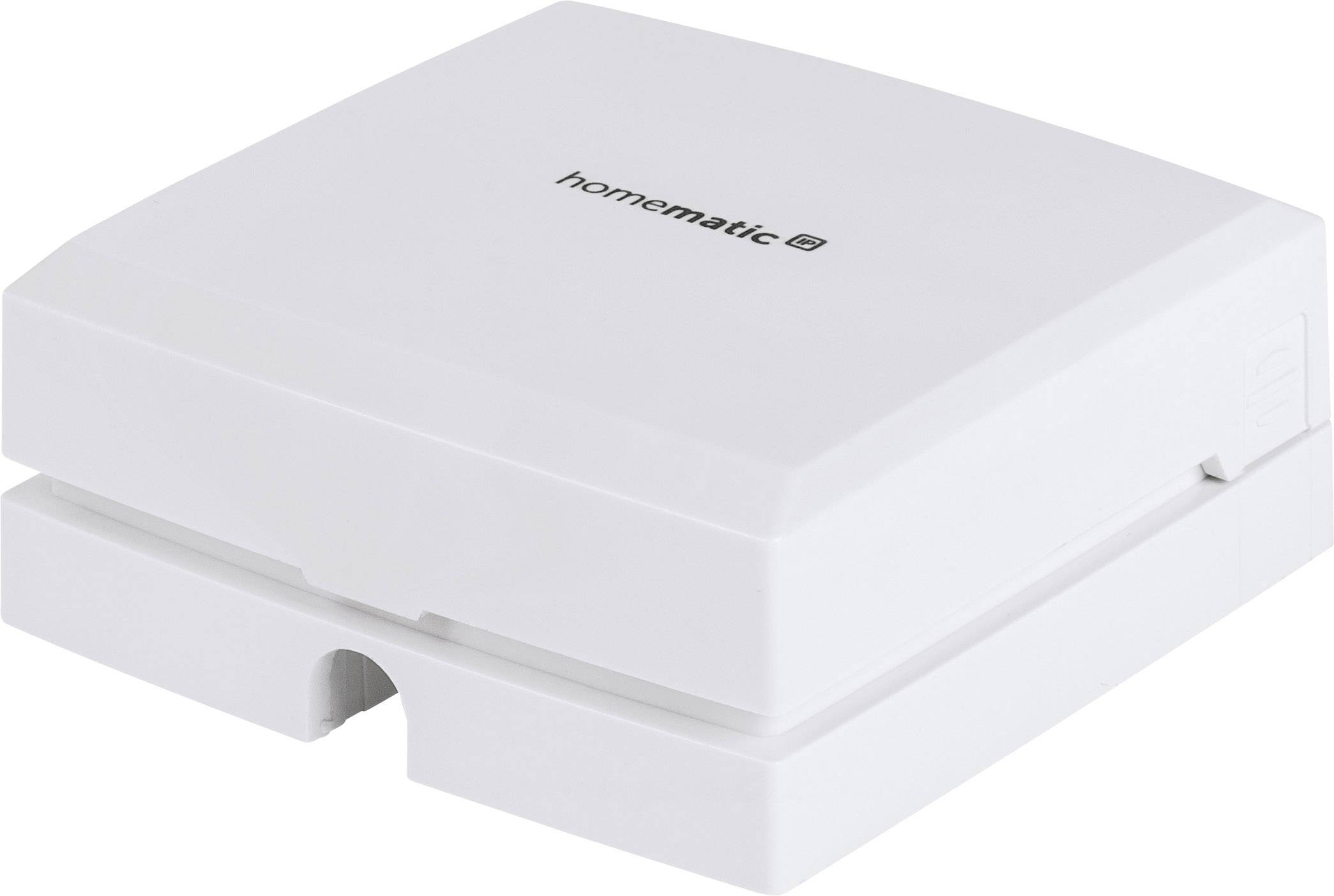 A white, rectangular device with 'homematic IP' printed on the top surface. It is used for controlling smart home applications.