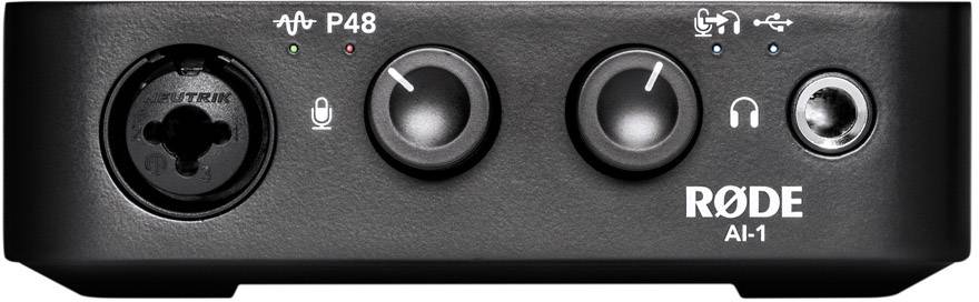 Audio interface with two knobs, two buttons marked with LEDs labelled as 'P48' and 'Monitor', Rode logo and model number 'AI-1'.