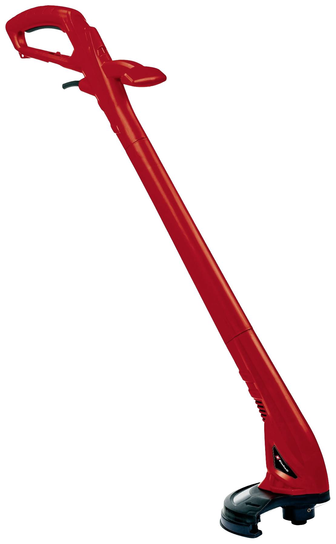 A red electric lawn trimmer with an ergonomic handle and protective cover, suitable for cutting grass in hard-to-reach areas.