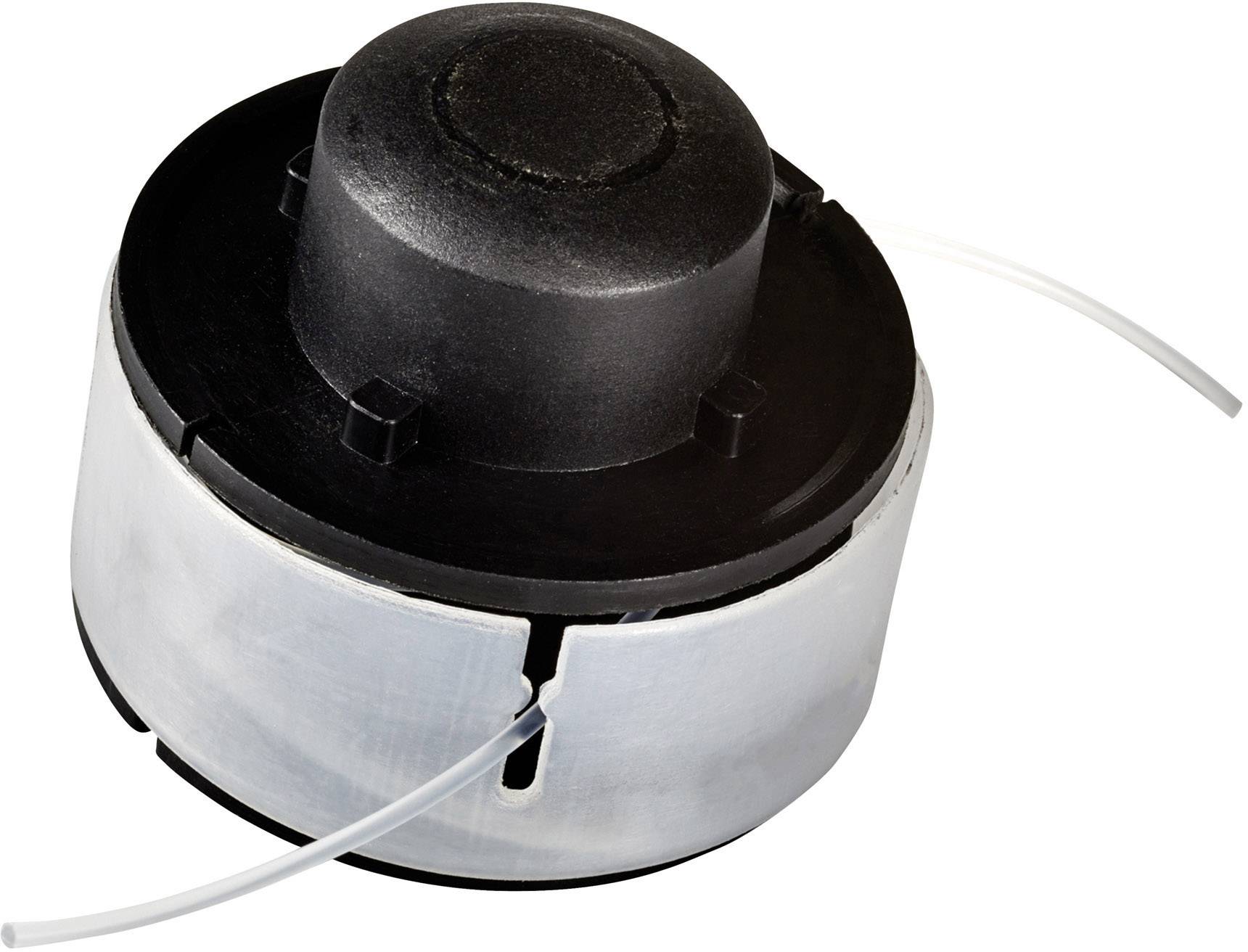 Grass trimmer head, black with two side plastic lines for cutting grass.