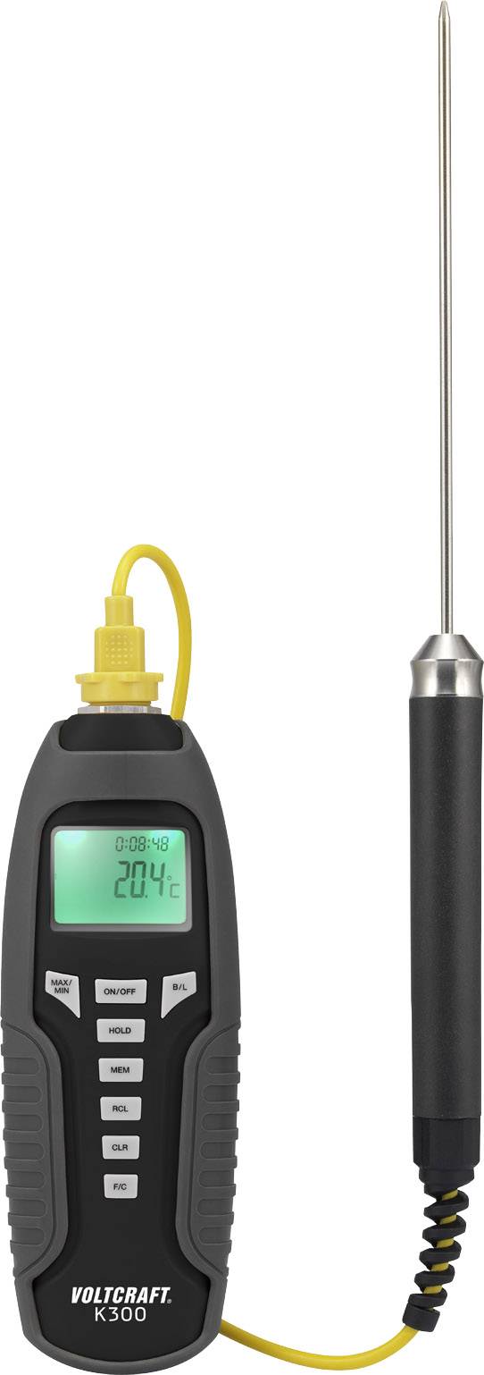 Digital thermometer with metal probe and display showing 20.4°C. Device is black with yellow cable.Note: This appears to be a straightforward translation, with standard British English terminology maintained.