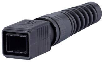 A black, rectangular plug connector with a ribbed grip, used for electrical connections.