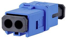 A blue optical plug with two black sockets, used for fibre optic cable connections.