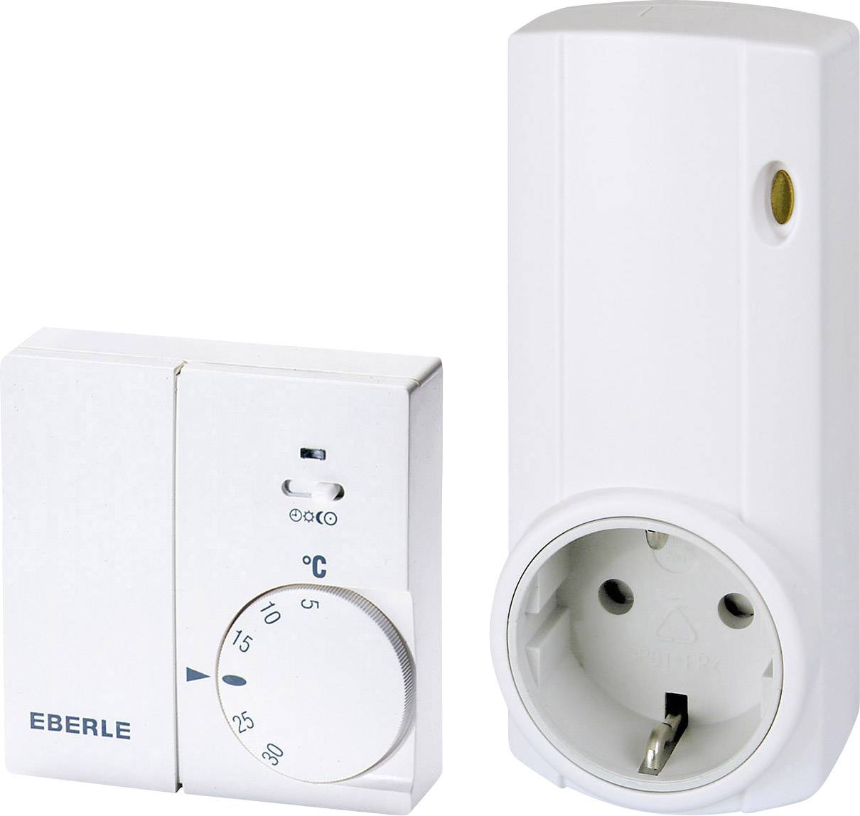 A white socket thermostat with temperature control. On the left, a control unit with a rotary knob for settings, on the right a plug-in unit.