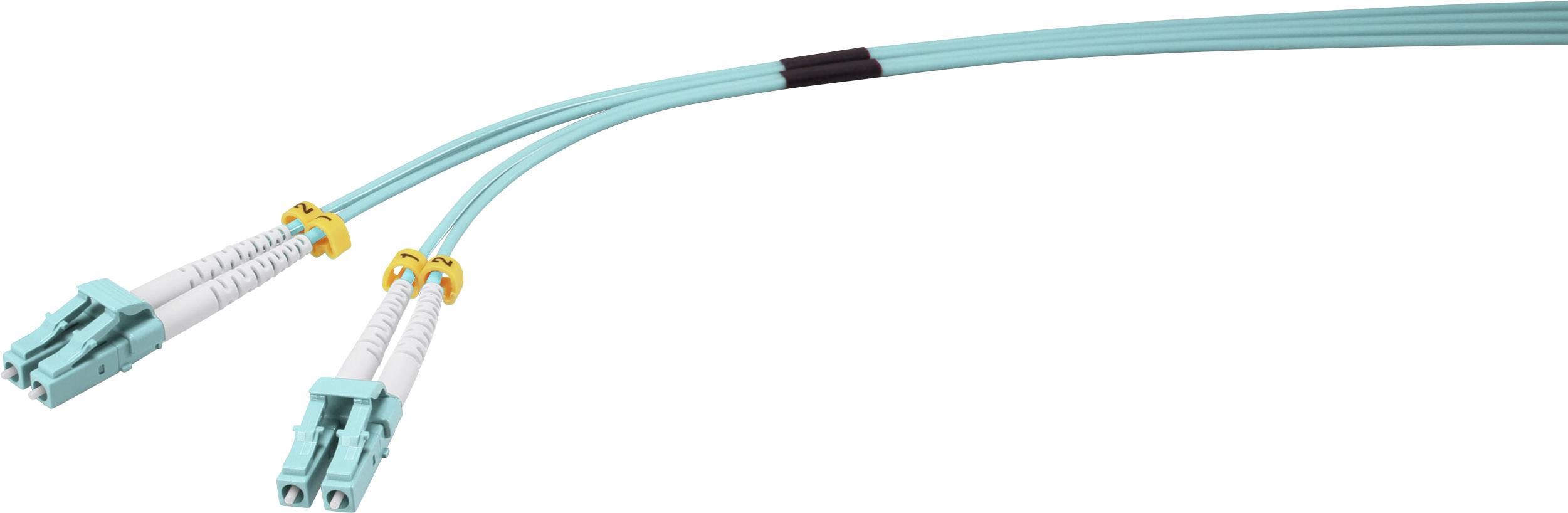 Fibre optic cable with two LC connectors at one end, turquoise in colour, for high-speed data transmission.