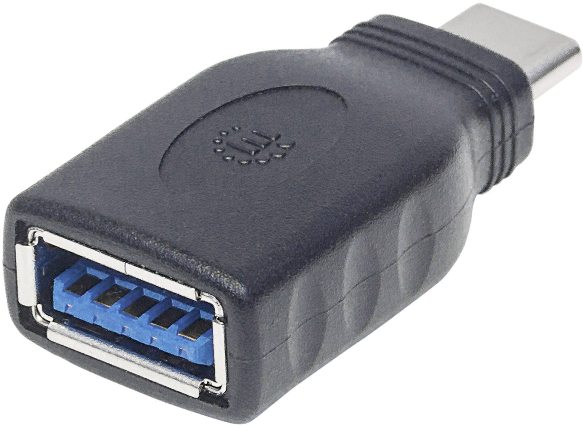 Black and navy blue USB adapter with USB Type-A socket and USB Type-C plug, for connecting older devices with newer ports.