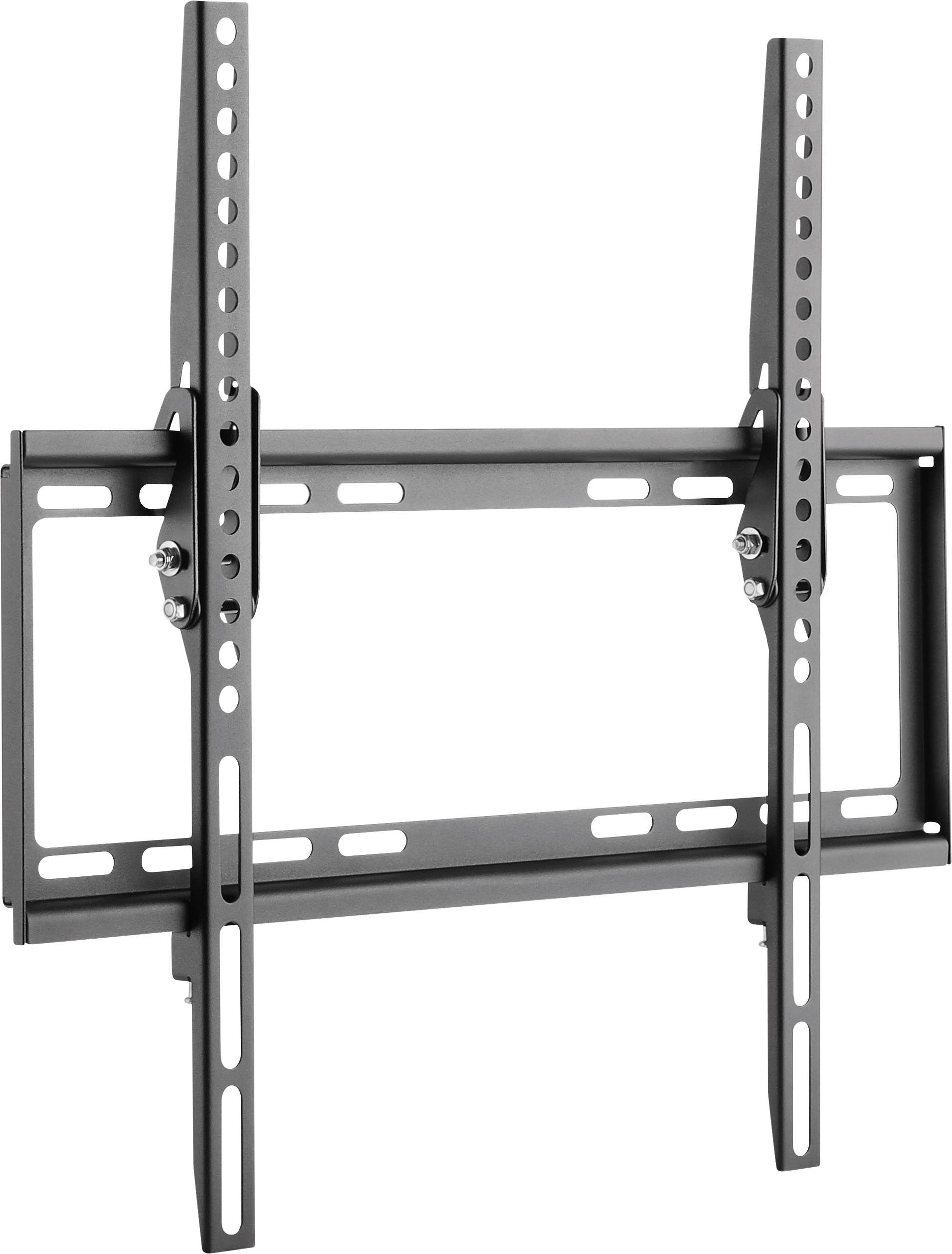 A black wall mount for flat-screen televisions, suitable for secure wall attachment, featuring adjustable arms and screw holes.