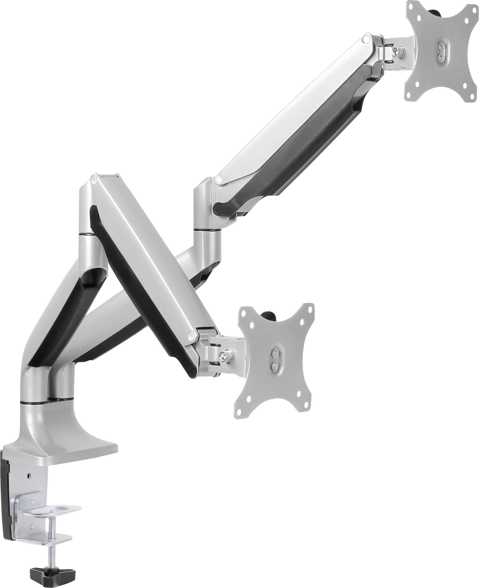 Two adjustable metal monitor mounts, fixed to a desk, allow flexible positioning and tilting of screens.