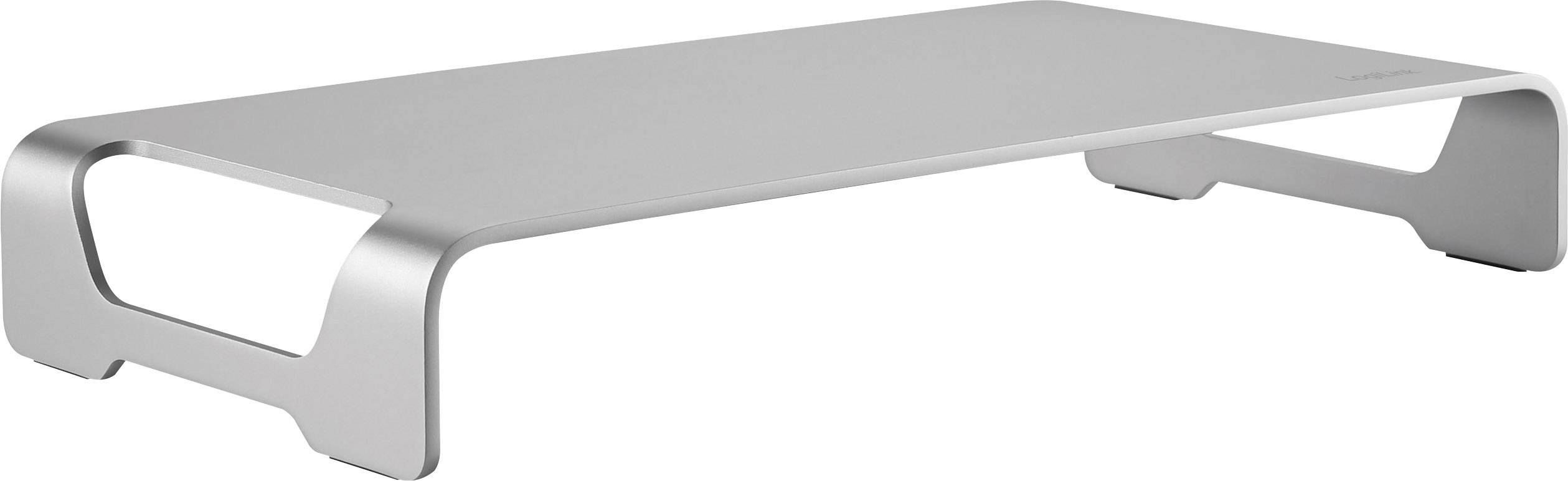 A silver metal monitor stand with a rectangular surface and side handles, which helps with ergonomic positioning.