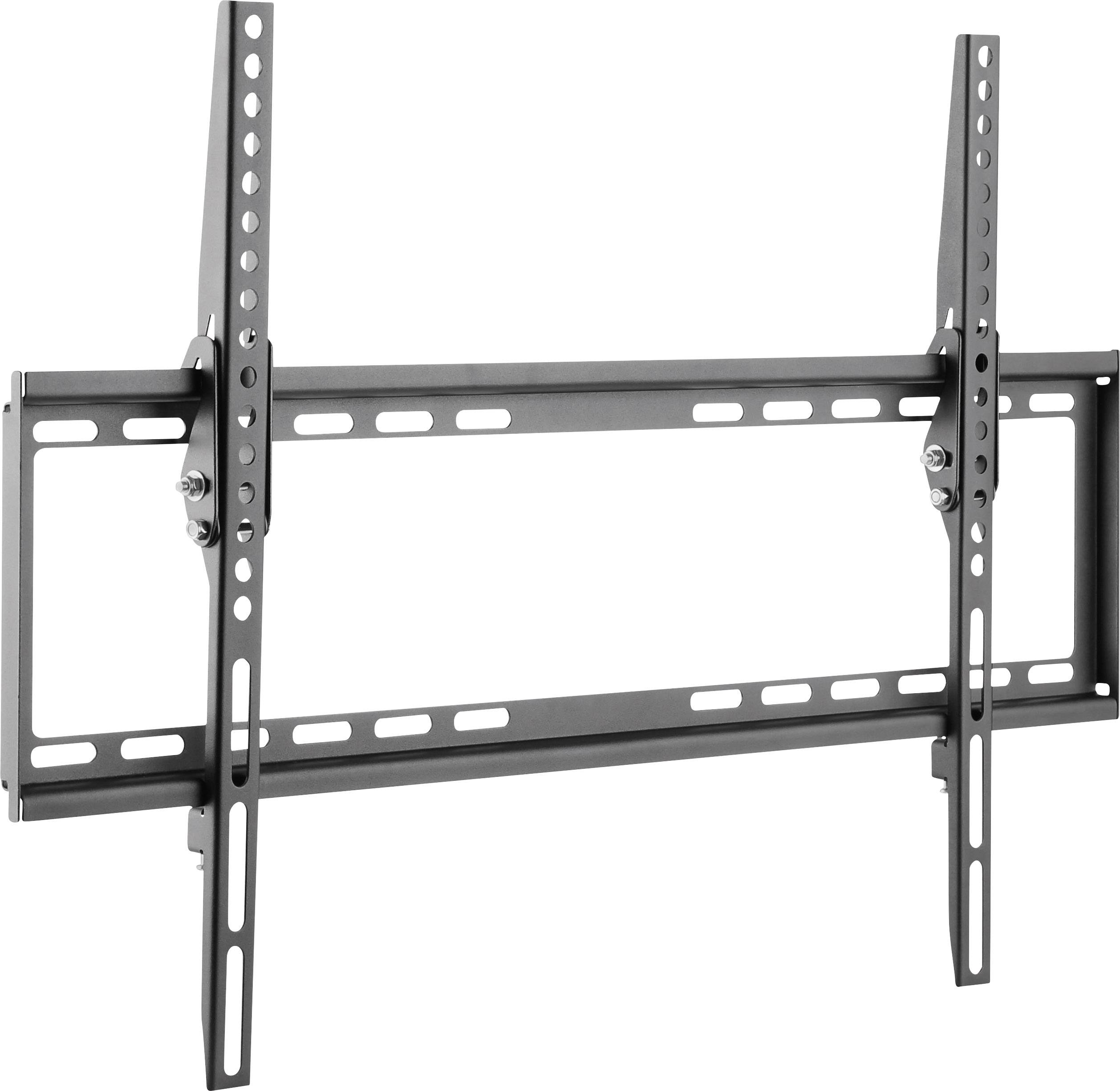 Slim, black TV wall mount with vertical and horizontal mounting rails, suitable for large flat-screen televisions.