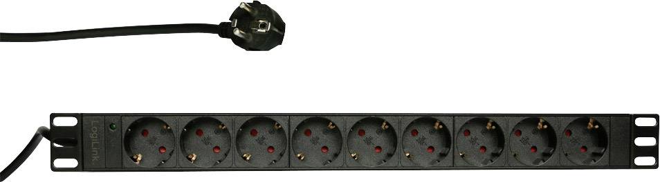Black 19-inch rackmount power strip with eight outlets and a Schuko plug on the left.