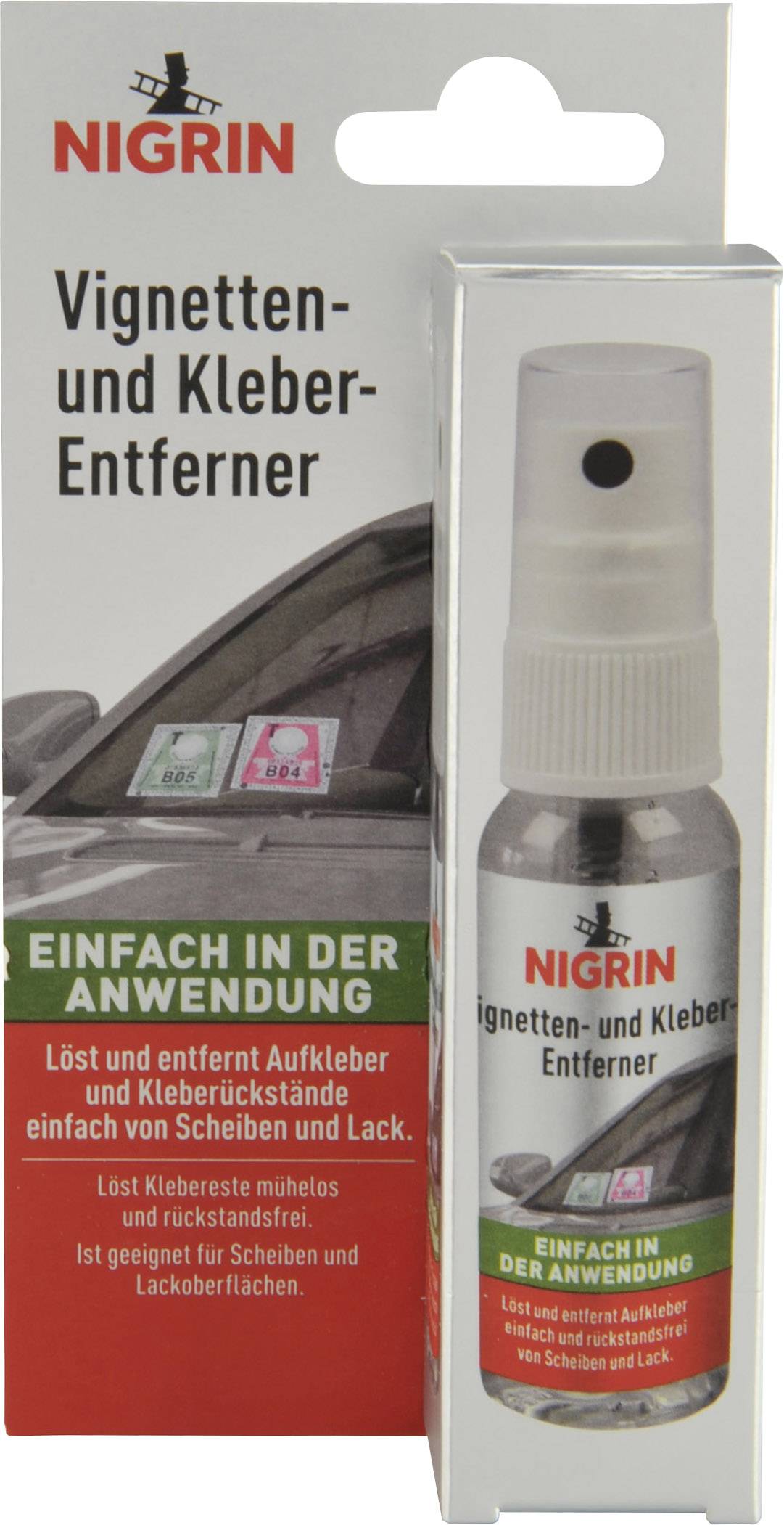 Packaging of a Nigrin sticker and adhesive remover with spray bottle. Removes stickers from windows and paintwork.