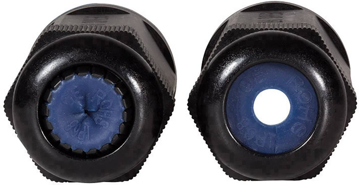 Two black plastic caps with blue inner surfaces, one with a serrated edge, the other with a round hole in the centre.