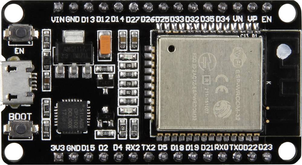 Microcontroller circuit board with multiple pins and USB port, labelled with 'EN' and 'BOOT'. Contains a large silver chip on the right side.