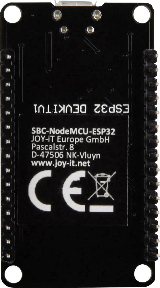 A black SBC NodeMCU ESP32 board with the inscription 'ESP32 DEVKIT1', manufacturer information, and CE mark.