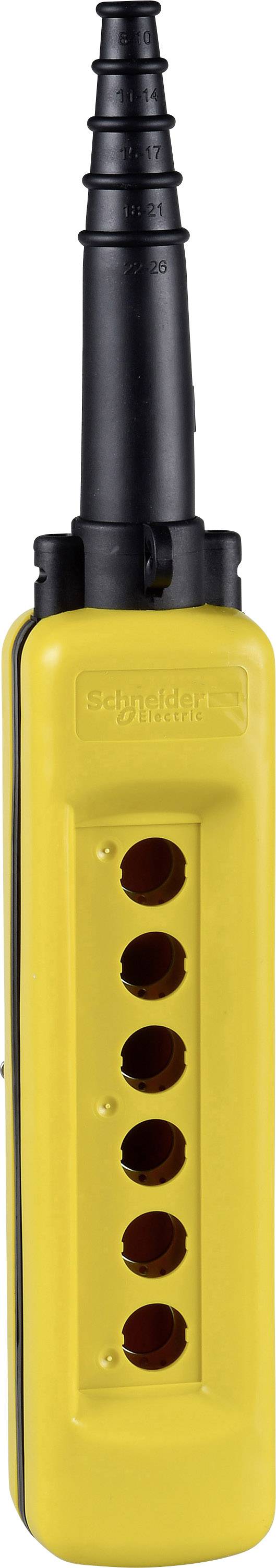 A yellow remote control with five round black buttons, suitable for industrial use.