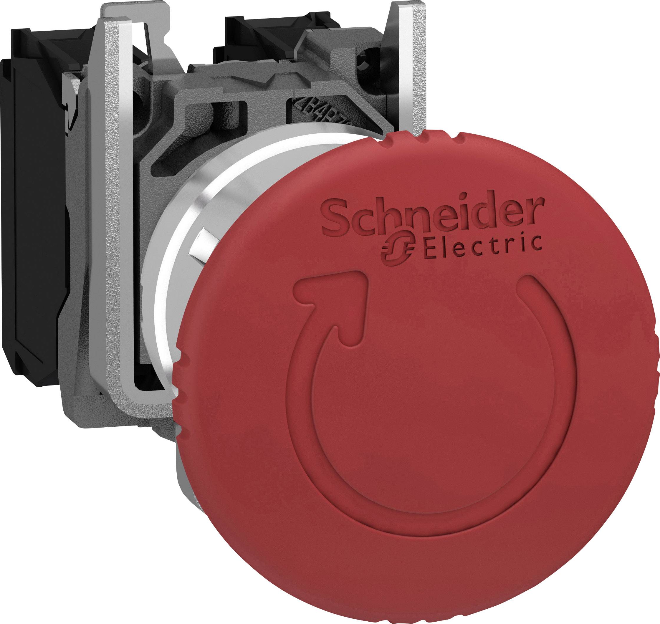 Red emergency stop rotary switch from Schneider Electric, used for safely shutting down machines or plant equipment in emergency situations.