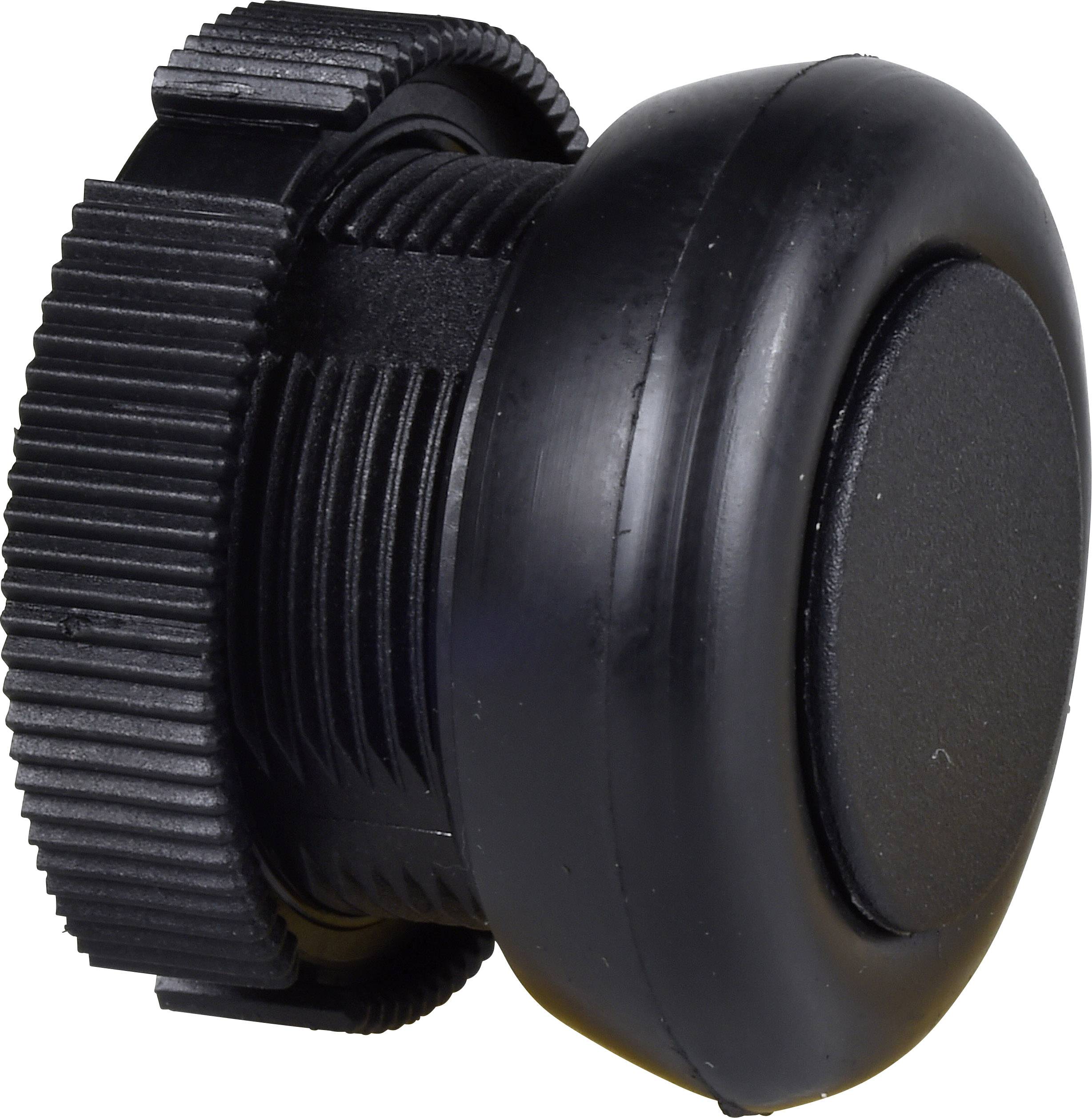 Black, round push button with a ridged edge, suitable for mechanical and electronic applications.