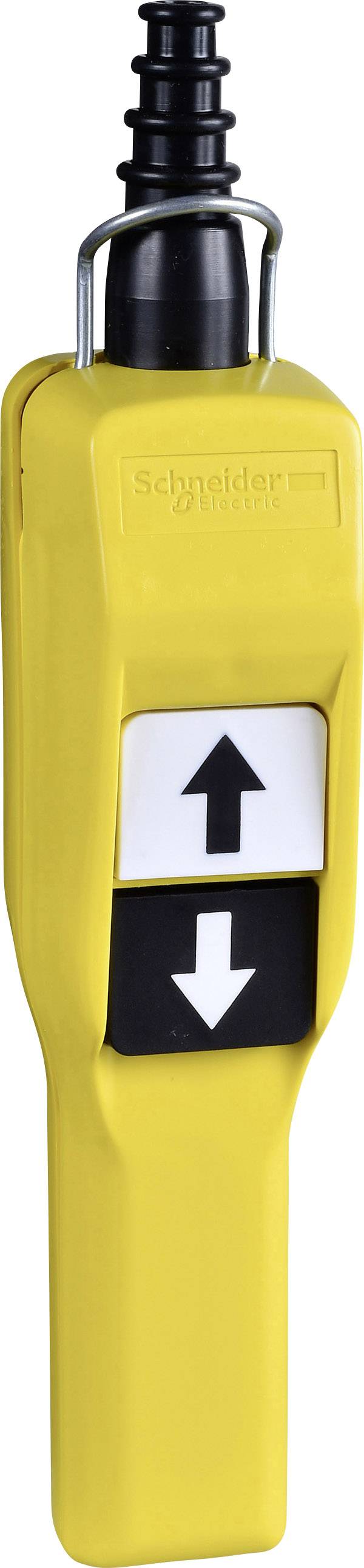 A yellow control lever with two arrow buttons: a black arrow pointing upwards, a black arrow pointing downwards.