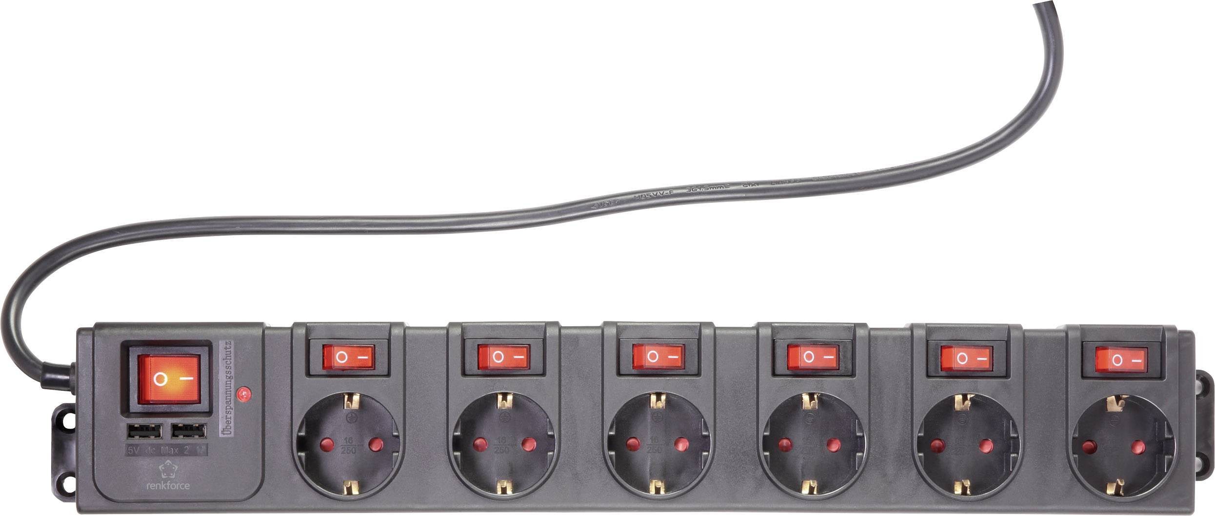 Six-way power strip with individual switches and a master control. Black design with red power on/off switch.